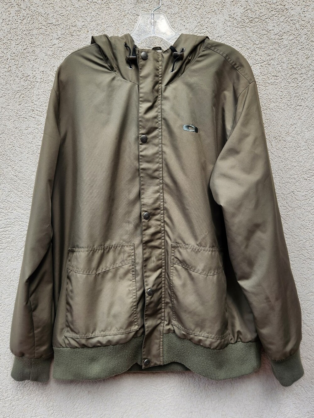 OAKLEY Men’s Hooded Utility Bomber Jacket Large Khaki Pockets Ribbed Hem Cuffs